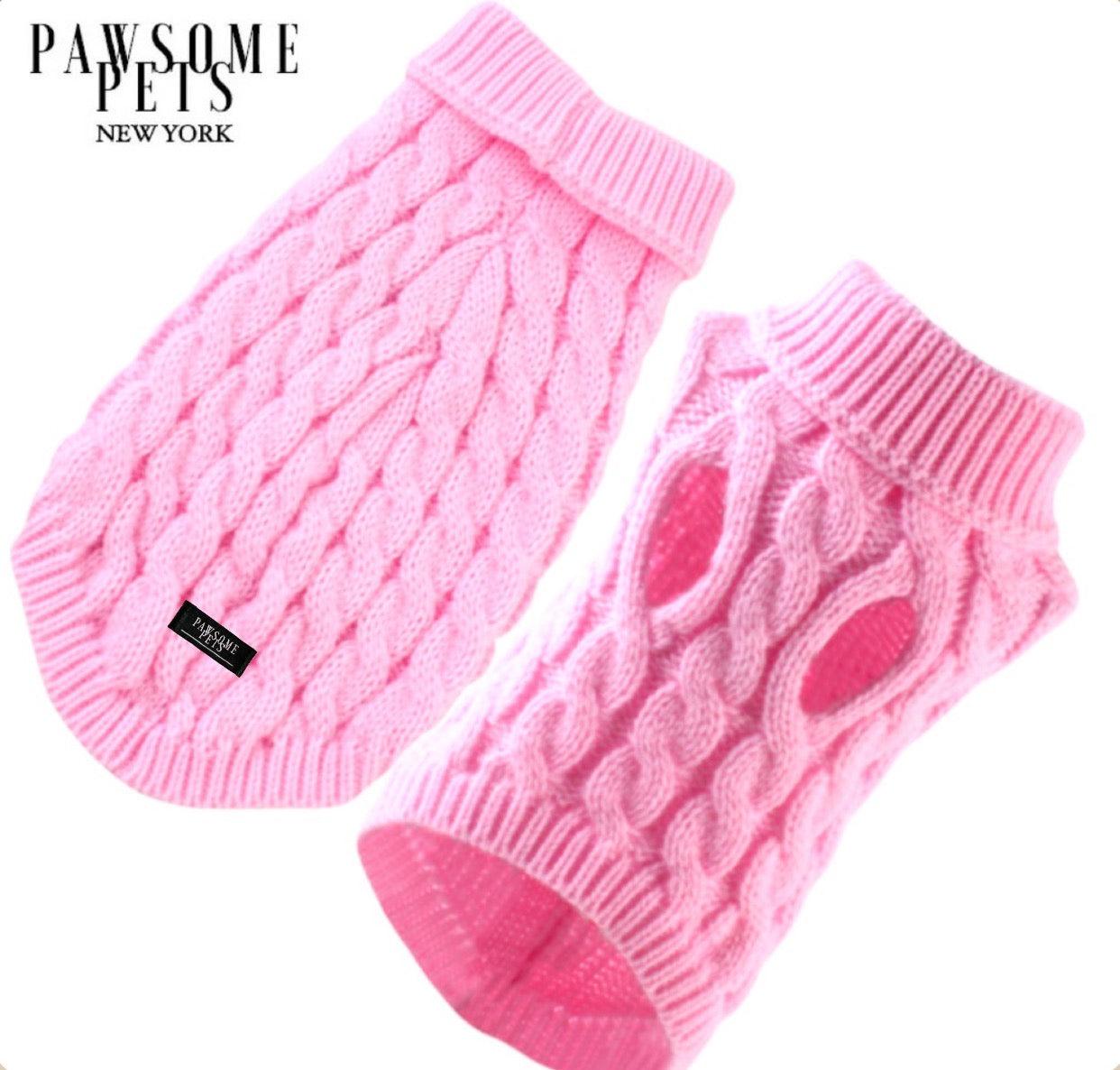 Pink extra warm cable knit turtleneck pet sweater by Pawsome Pets New York — front and back views showing cable knit pattern and turtleneck collar for dogs and cats