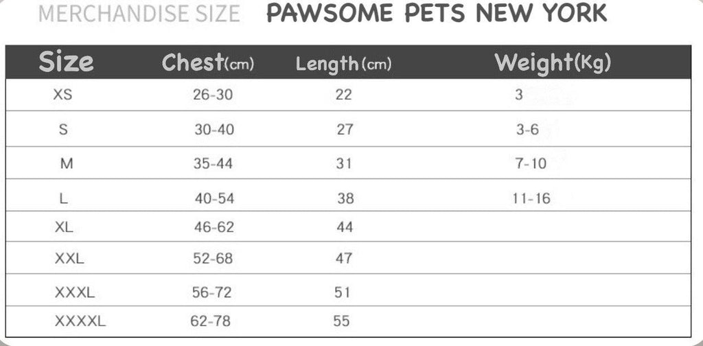 Size chart for Extra Warm Cable Knit Turtleneck Pet Sweater by Pawsome Pets New York — XS to XXXXL with chest, length, and weight measurements in centimeters and kilograms