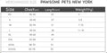 Size chart for Extra Warm Cable Knit Turtleneck Pet Sweater by Pawsome Pets New York — XS to XXXXL with chest, length, and weight measurements in centimeters and kilograms