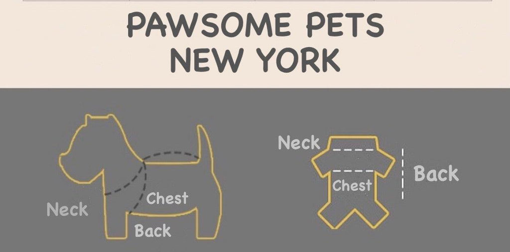 Pet measurement guide by Pawsome Pets New York — diagram showing how to measure neck, chest, and back length on a dog for accurate pet sweater sizing