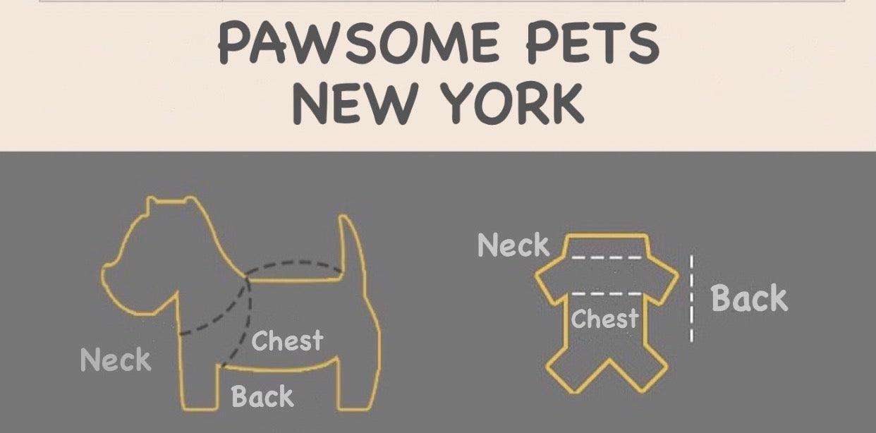 Pet measurement guide by Pawsome Pets New York — diagram showing how to measure neck, chest, and back length on a dog for accurate pet sweater sizing