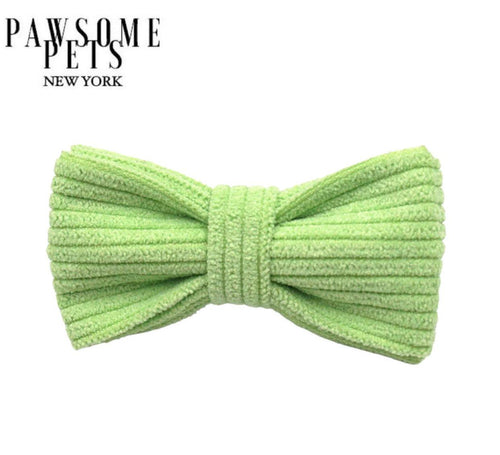 Bean green velcro dog bowtie collar accessory in soft knit fabric, shown on white background with Pawsome Pets New York branding — available in XS/S and M/L sizes