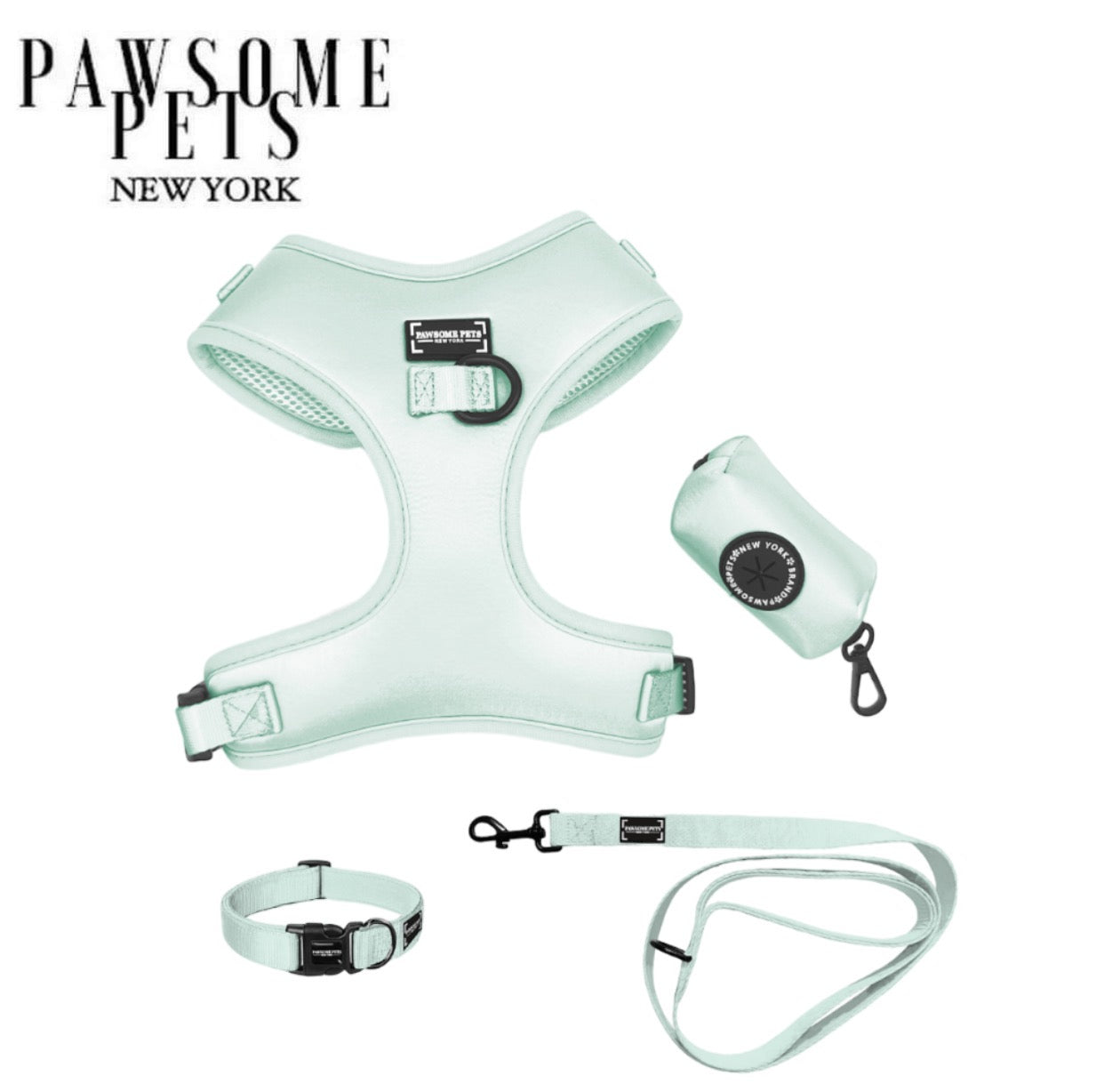 Mint green complete pet walking bundle showing step-in harness, adjustable collar, leash, and waste bag holder — 5-piece matching set by Pawsome Pets New York