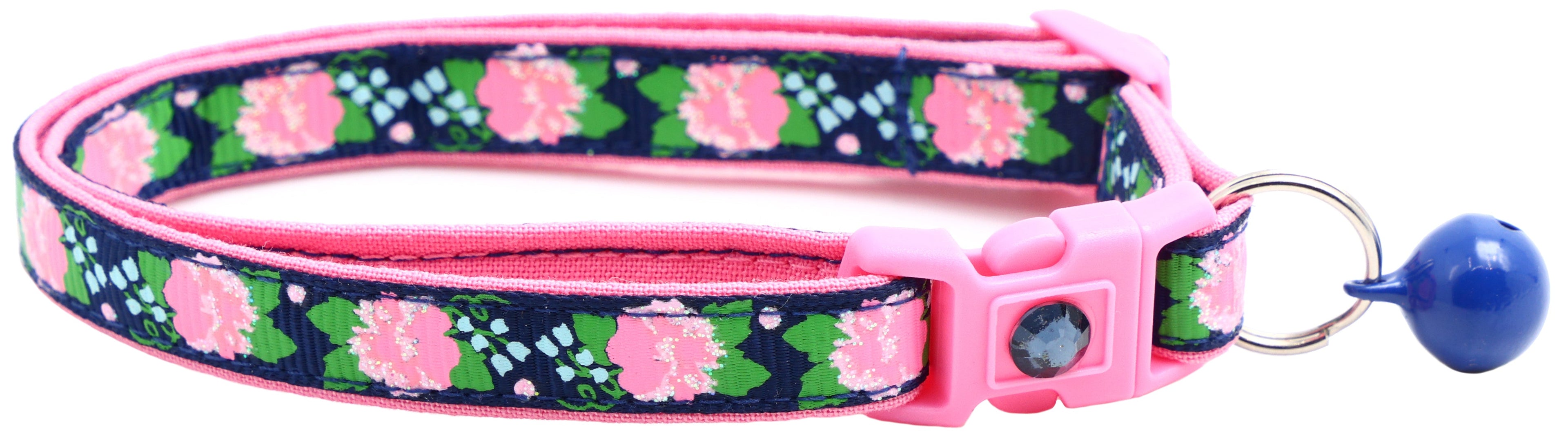 Pink Carnations on Navy Handmade Breakaway Cat Collar