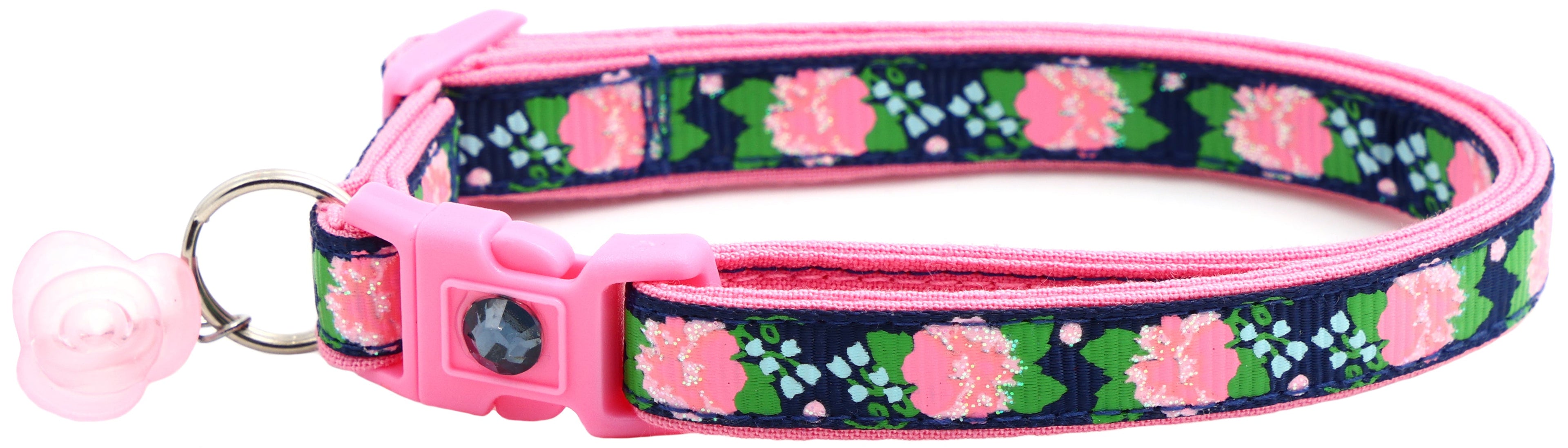 Pink Carnations on Navy Handmade Breakaway Cat Collar