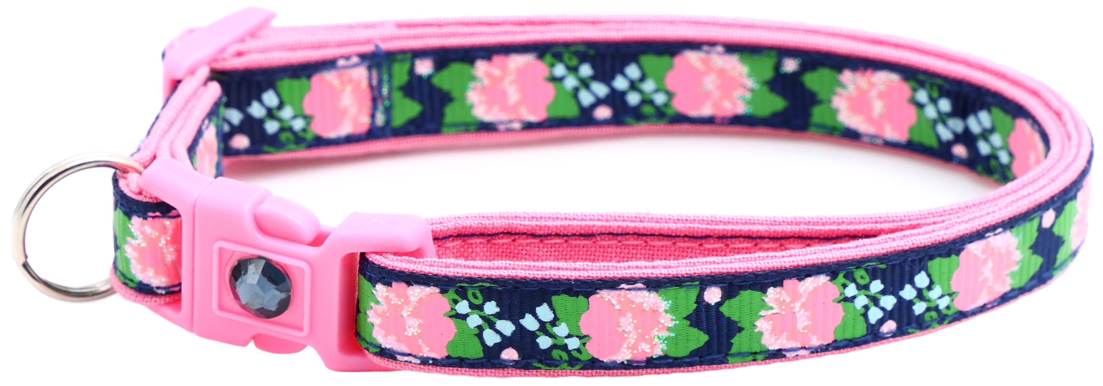 Pink Carnations on Navy Handmade Breakaway Cat Collar
