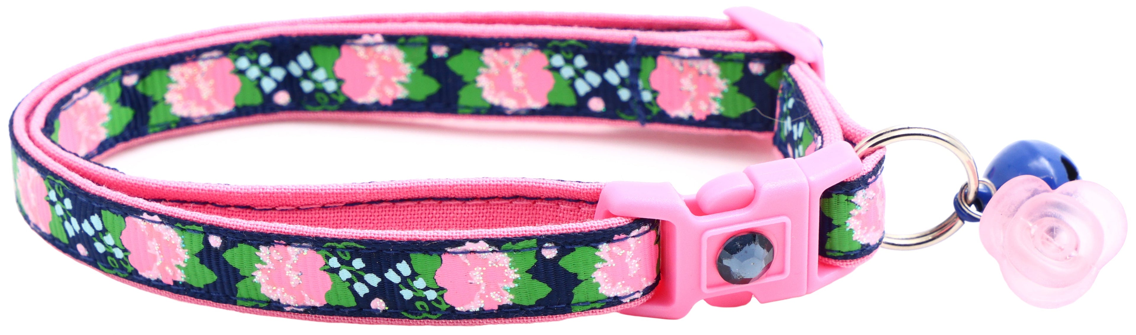 Pink Carnations on Navy Handmade Breakaway Cat Collar