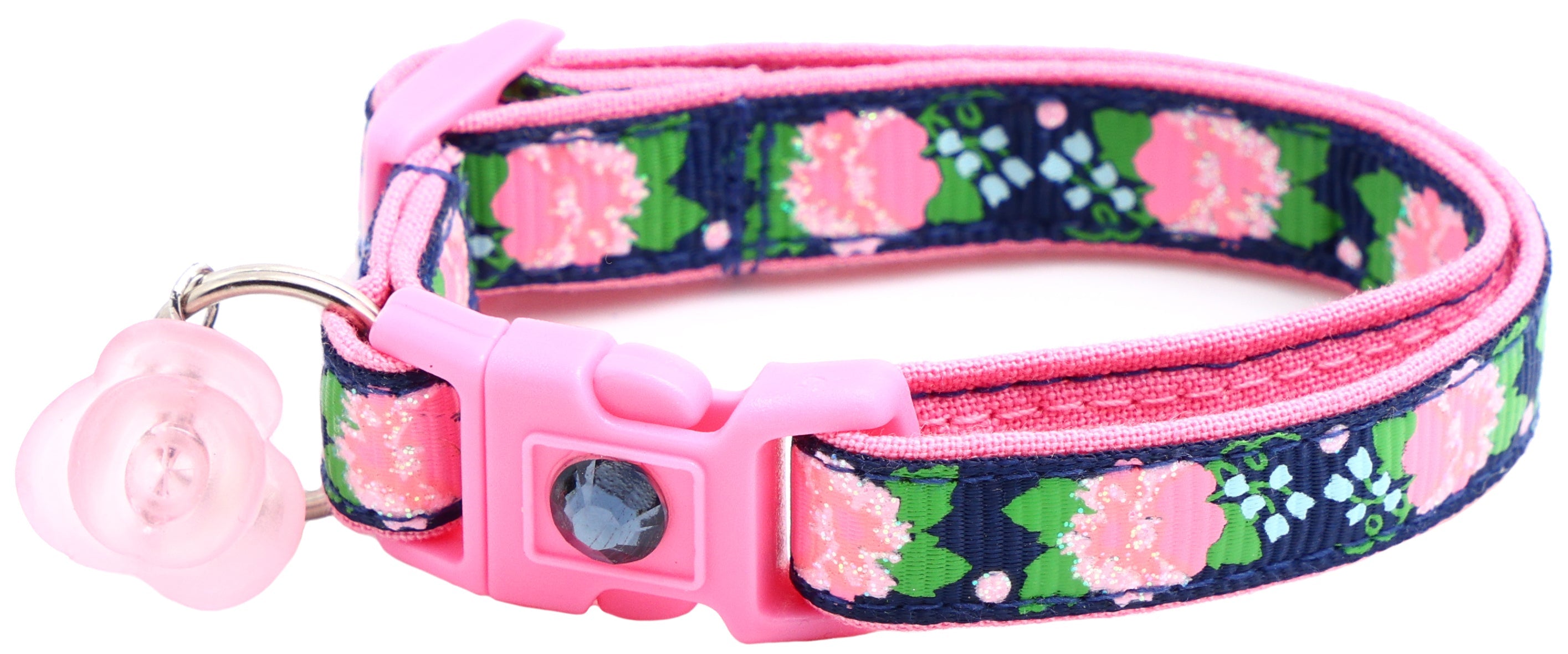 Pink Carnations on Navy Handmade Breakaway Cat Collar