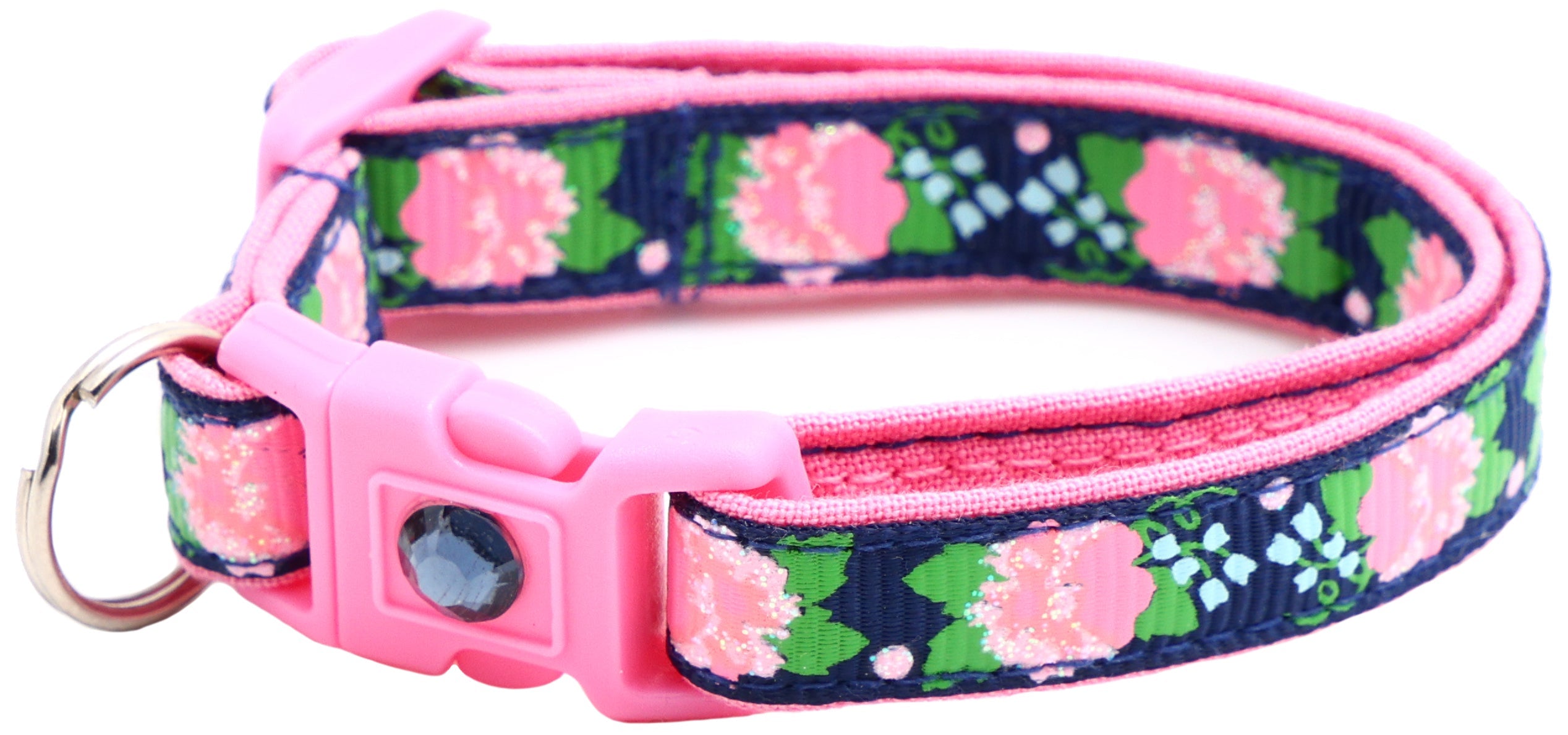 Pink Carnations on Navy Handmade Breakaway Cat Collar
