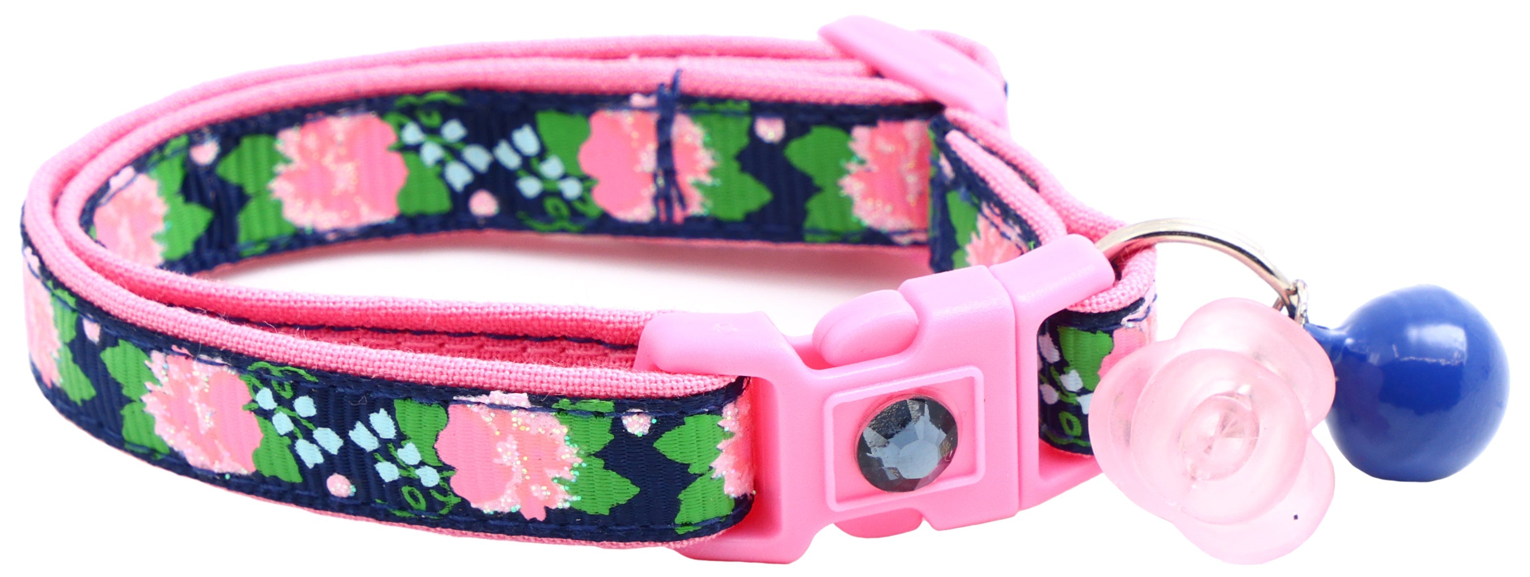 Pink Carnations on Navy Handmade Breakaway Cat Collar